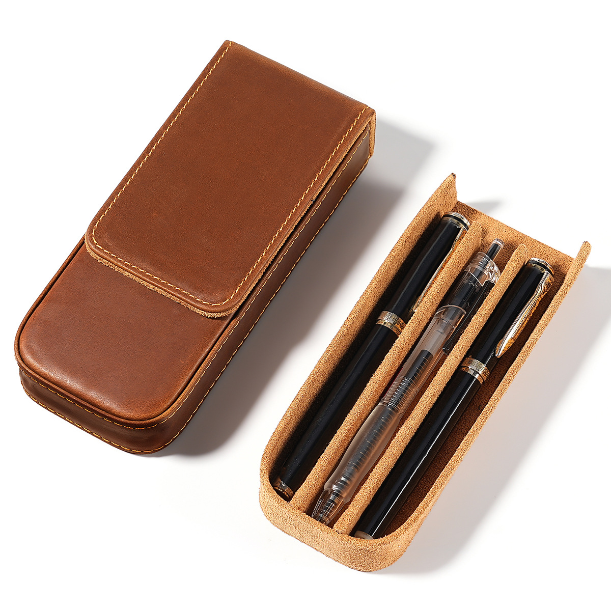 Men Accessories Drawer - 3 슬롯 Geniue 소가죽 펜 연필