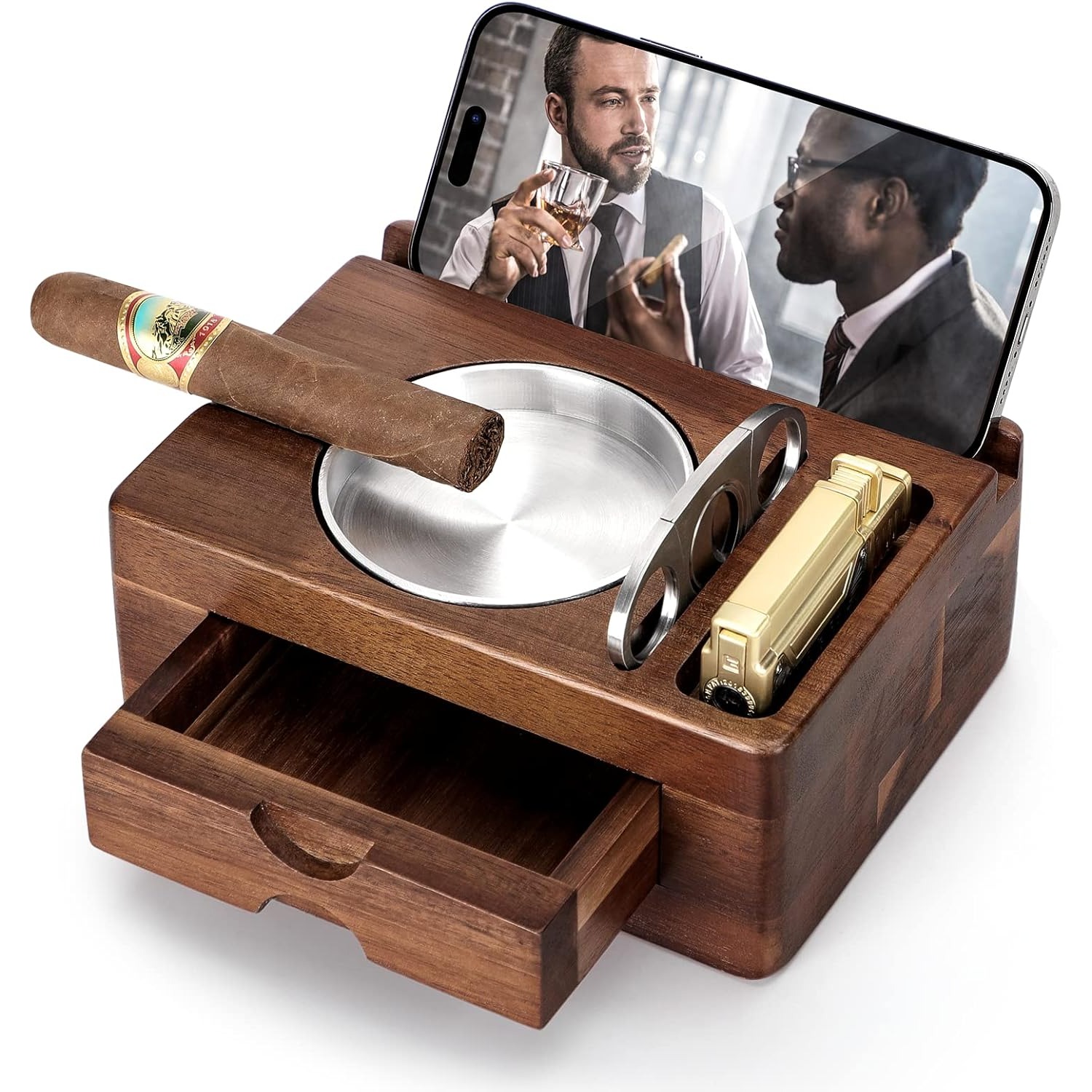Men Accessories Drawer - 휴대폰/태블릿 거치대가 있는 나무 재떨이, 액세서리