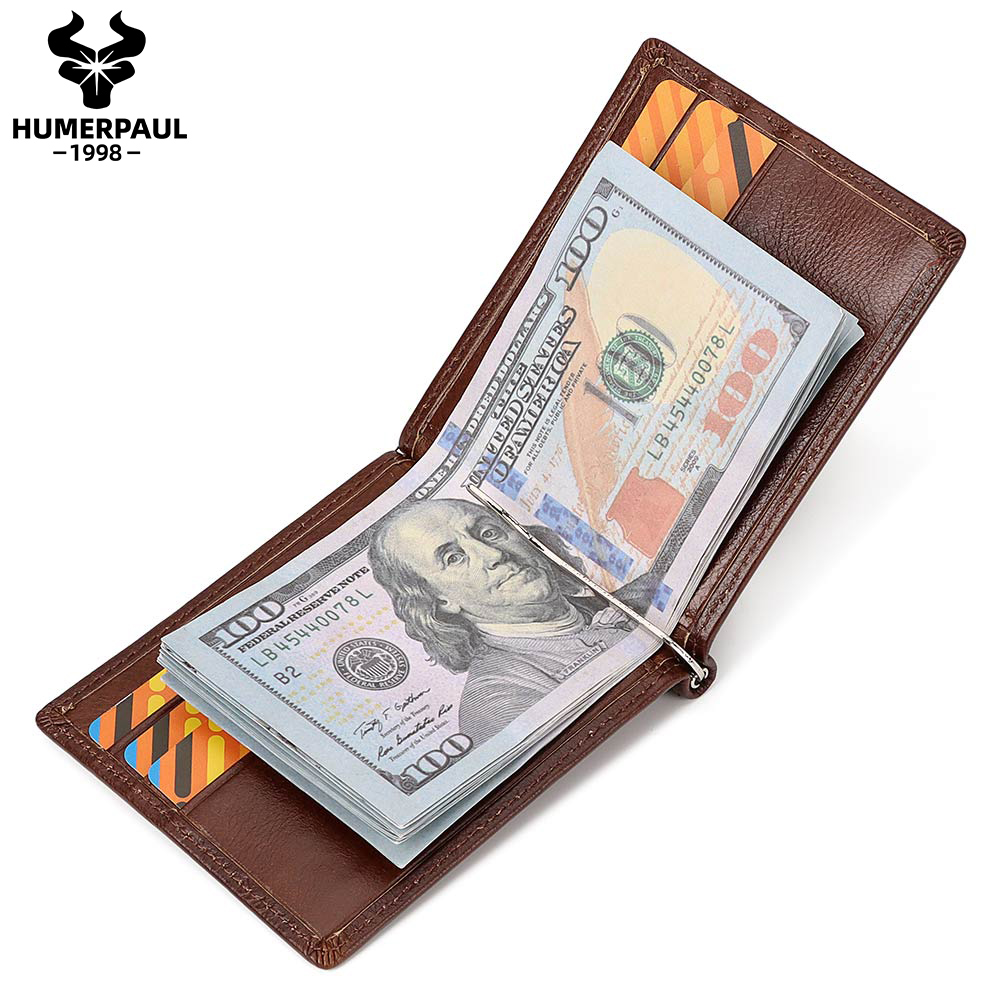 Bifold Leather Wallet - 머니 클립이있는 정품 가죽 남성 슬림