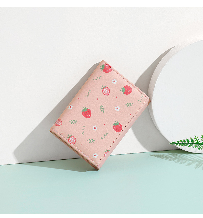 귀여운 3단 여성용 지갑 짧은 PU 가죽 딸기 프린트  - Bifold Leather Wallet 리뷰 및 가격